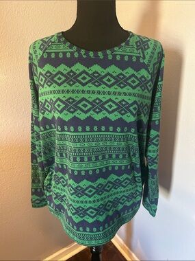 SO Intimates Women Juniors Green Navy Patterned Pajama Long Sleeve Top Size Med